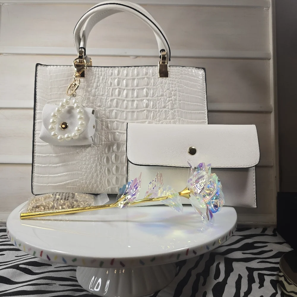 Elegant White Croc-Embossed fashion Handbag Set_8